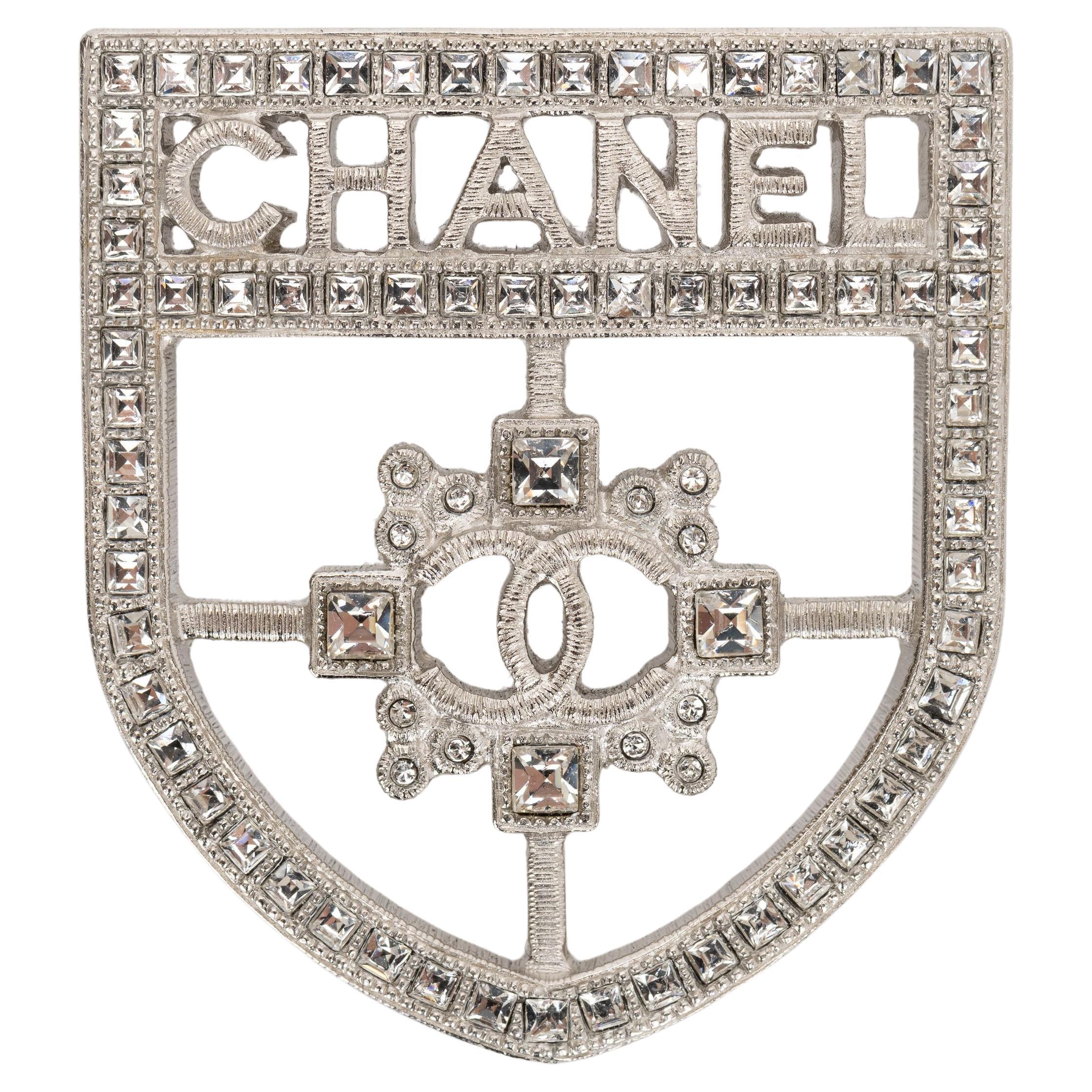 Chanel Crystal Crest Shield Brooch For Sale