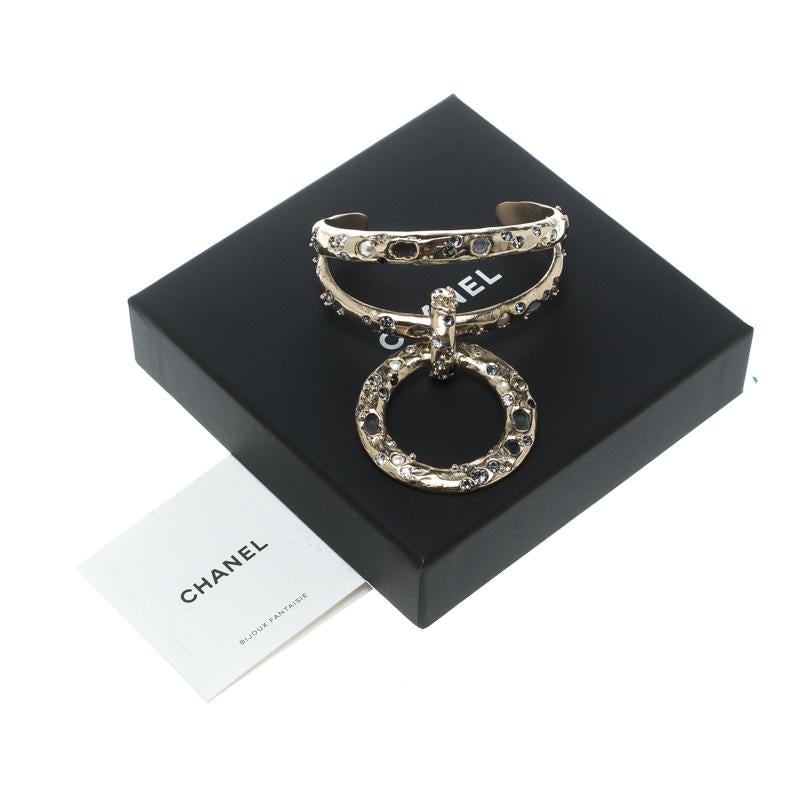 Chanel Crystal Embedded Gold Tone Open Cuff Charm Bracelet In Excellent Condition In Dubai, Al Qouz 2