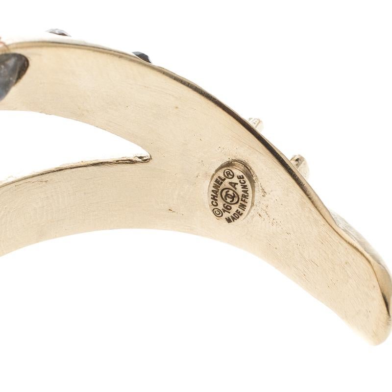 Women's Chanel Crystal Embedded Gold Tone Open Cuff Charm Bracelet