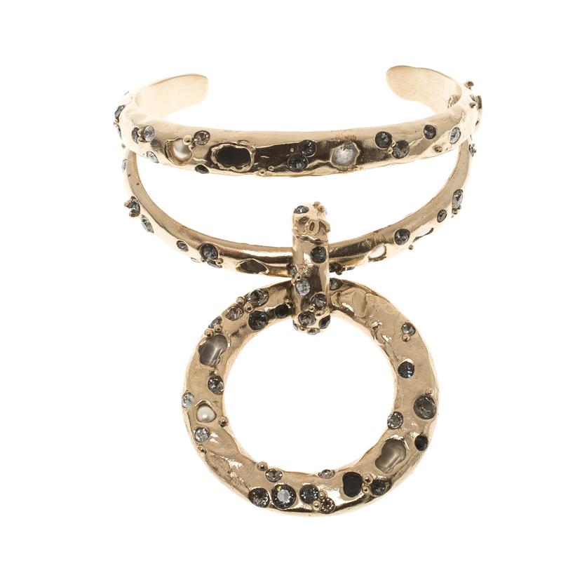 Chanel Crystal Embedded Gold Tone Open Cuff Charm Bracelet 1