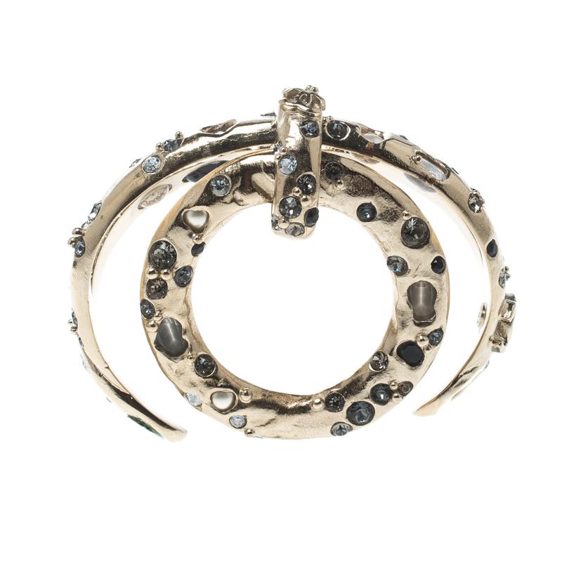 Chanel Crystal Embedded Gold Tone Open Cuff Charm Bracelet 2
