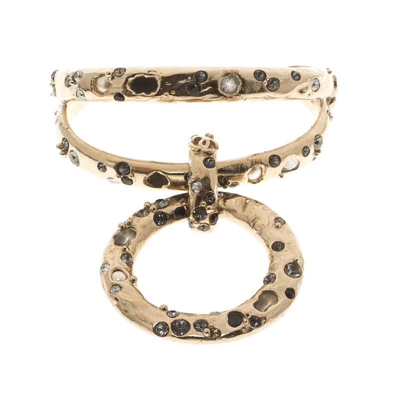 Chanel Crystal Embedded Gold Tone Open Cuff Charm Bracelet