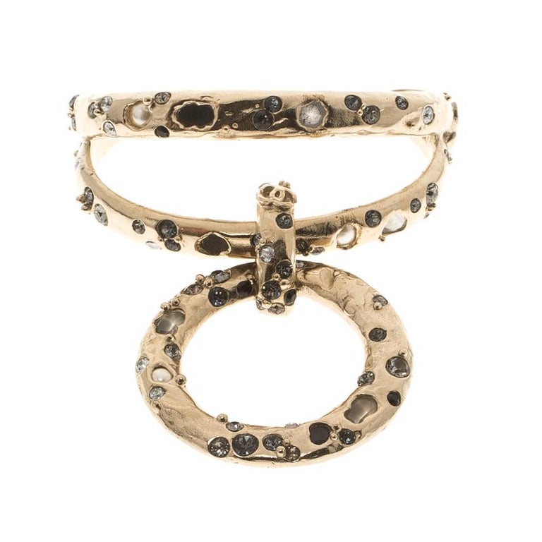 Chanel Crystal Embedded Gold Tone Open Cuff Charm Bracelet For Sale at 1stDibs