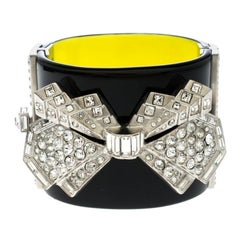 Chanel Crystal Embellished Black Resin Silver Tone Wide Cuff Bracelet 17cm