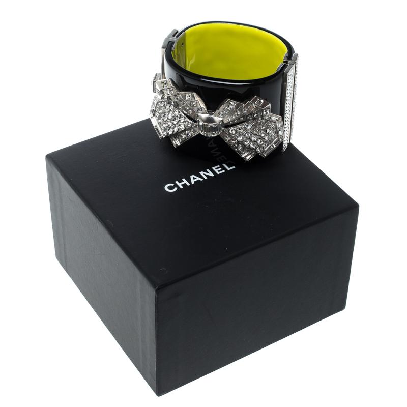 Chanel Crystal Embellished Black Resin Silver Tone Wide Cuff Bracelet 2
