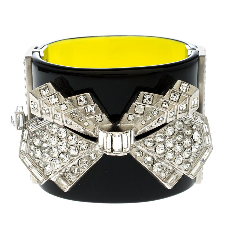 Chanel Crystal Embellished Black Resin Silver Tone Wide Cuff Bracelet