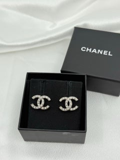 CHANEL Crystal Embellished CC Silver Earrings