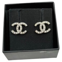 CHANEL Crystal Embellished CC Silver Earrings