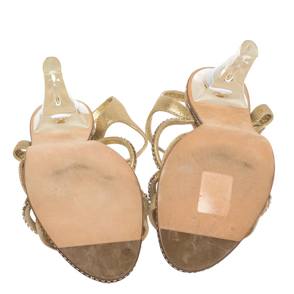 Chanel Crystal Embellished Suede Lucite Heel Strappy Sandals Size 37 1