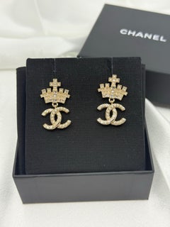 Chanel Crystal Faux Pearl Gold Crown CC Logo Dangle Earrings