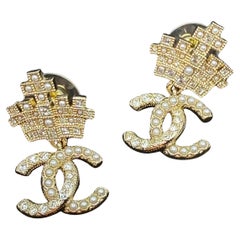 Chanel Crystal Faux Pearl Gold Crown CC Logo Dangle Earrings