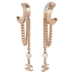 Chanel Crystal & Faux Pearl Gold Tone CC Chain Hoop Earrings