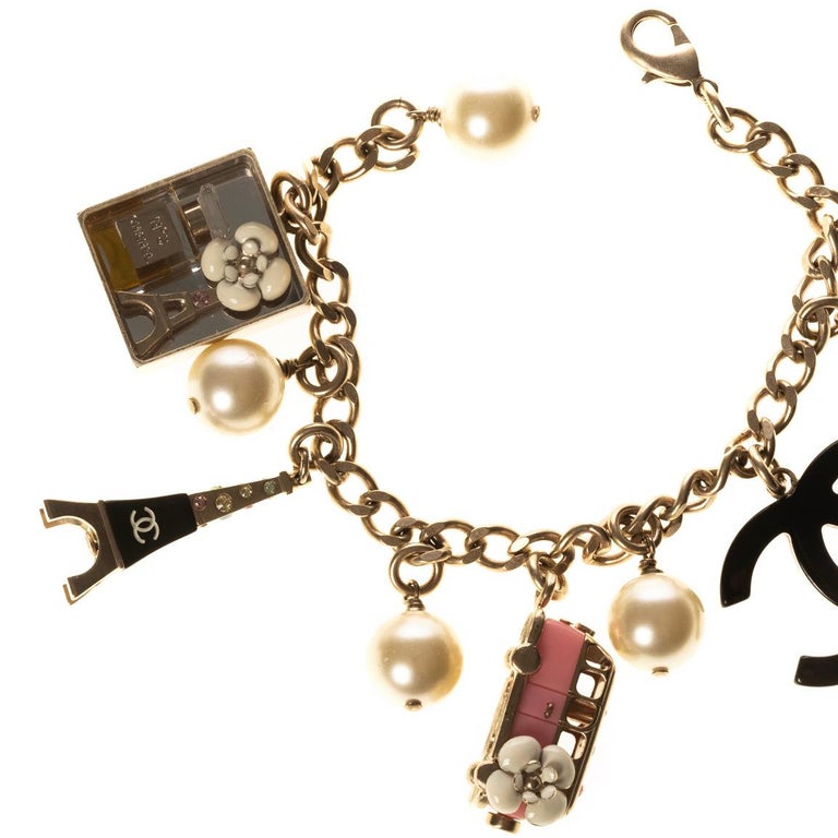 Chanel Crystal and Faux Pearl Paris Souvenirs Charm Bracelet at 1stDibs   chanel pearl charm bracelet, paris charm bracelet, chanel charm bracelets