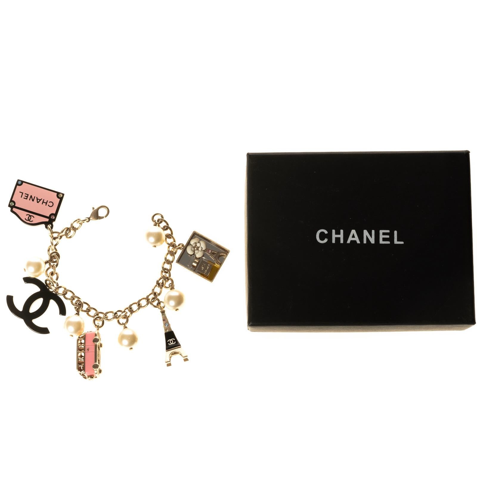Chanel Crystal & Faux Pearl Paris Souvenirs Charm Bracelet 2