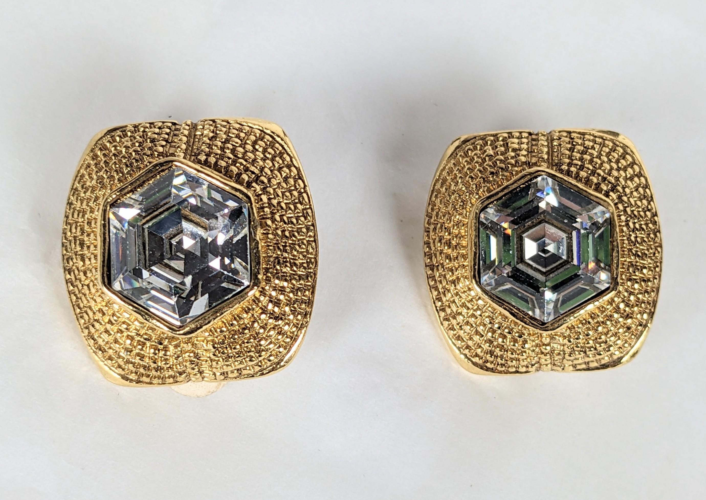 Chanel Crystal Clip Earrings from the 1990's. Hexagonal crystal set in gilt metal rope settings. Clip back fittings. 1990's France. 1