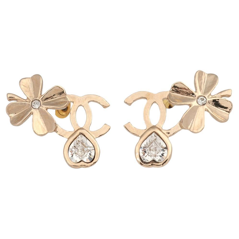 Chanel Crystal Gold Tone Four Leaf Clover CC Stud Earrings For Sale at  1stDibs