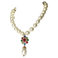 Chanel Crystal Gripoix Large Costume Pearl Pendant Necklace circa 1970s