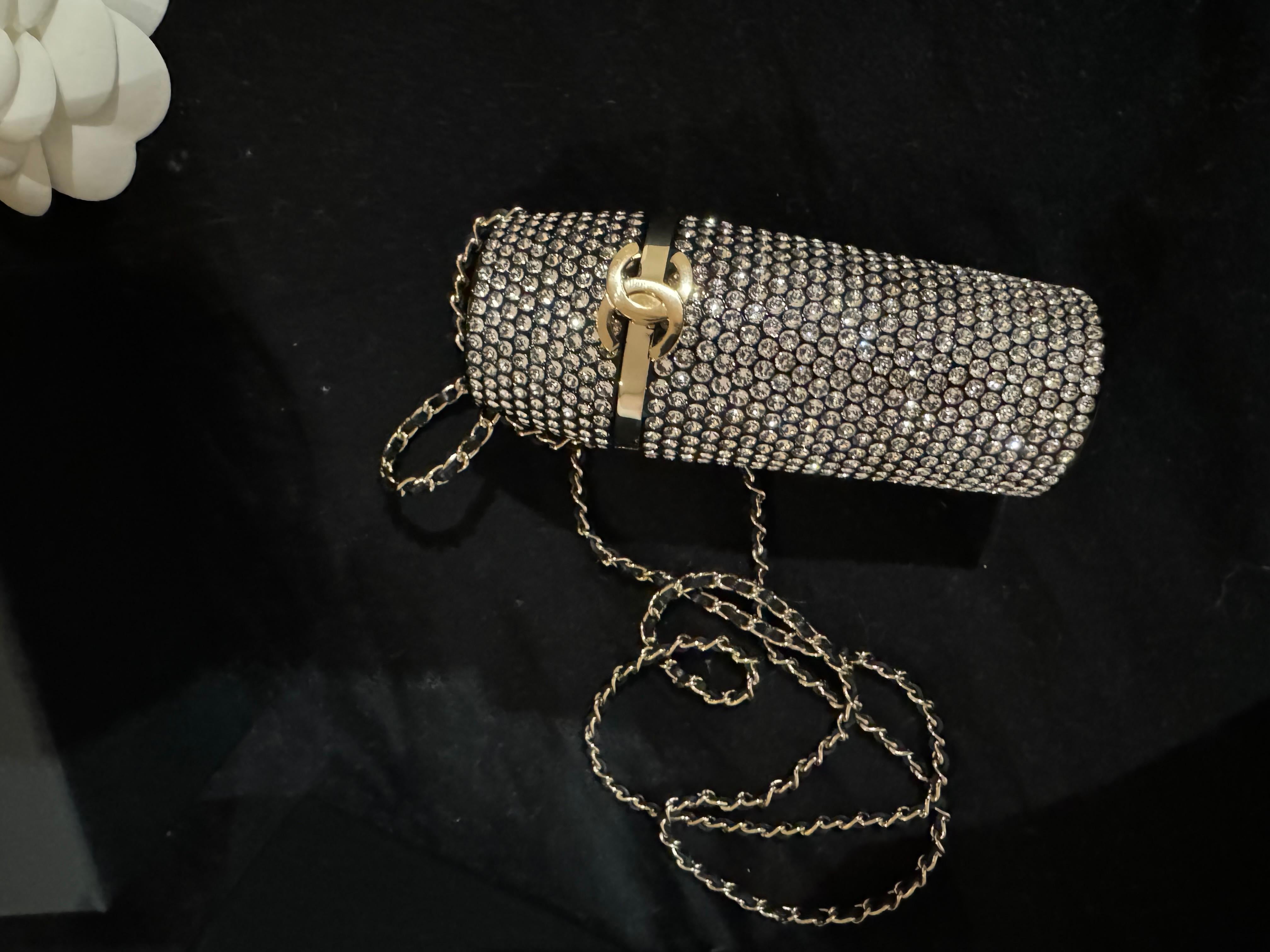 CHANEL Crystal Lipstick Case bag On Chain in Black and Gold 2