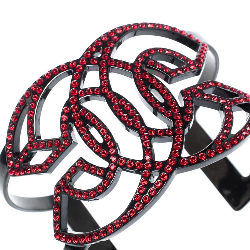 Contemporary Chanel Crystal Logo Encrusted Black Tone Cuff Bracelet