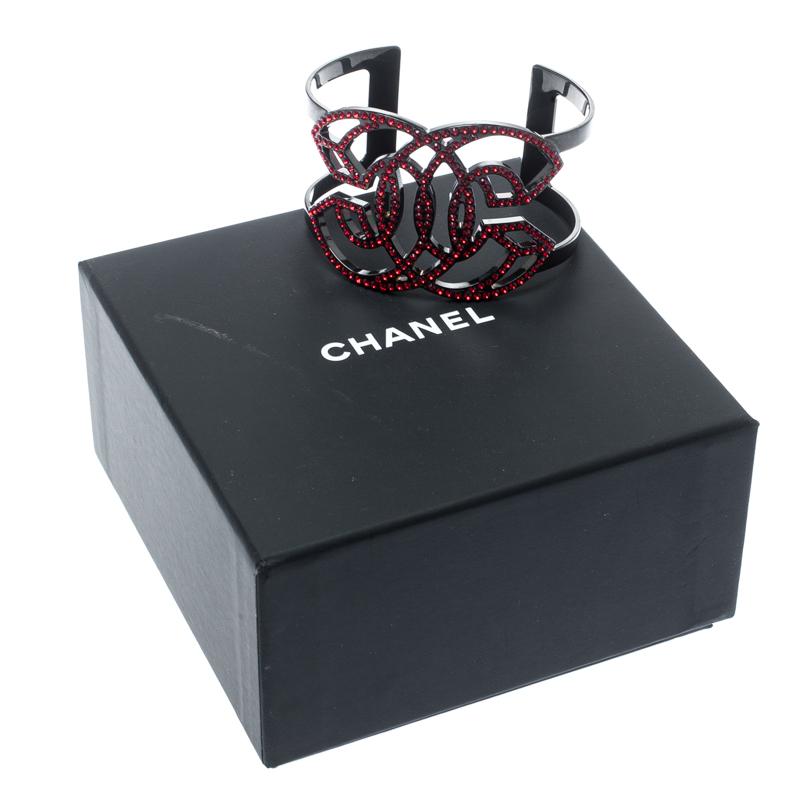 Chanel Crystal Logo Encrusted Black Tone Cuff Bracelet 2