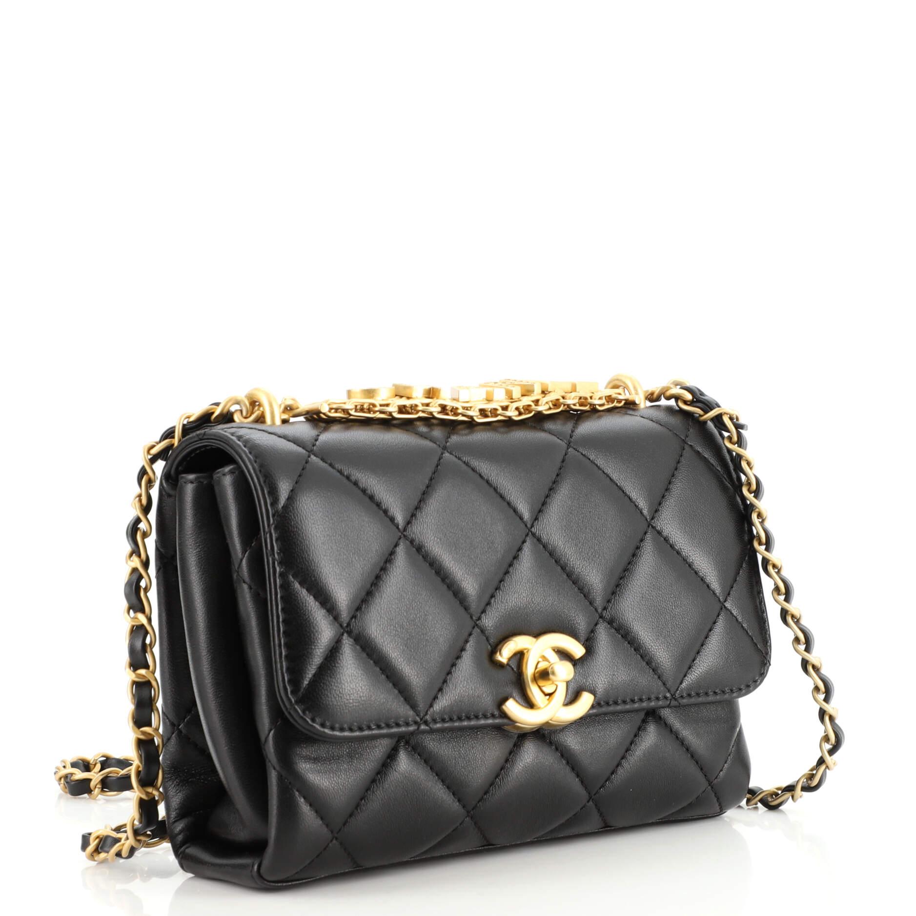 Chanel Crystal Logo Letters Chain Handle Flap Bag Quilted Lambskin Mini In Good Condition In NY, NY