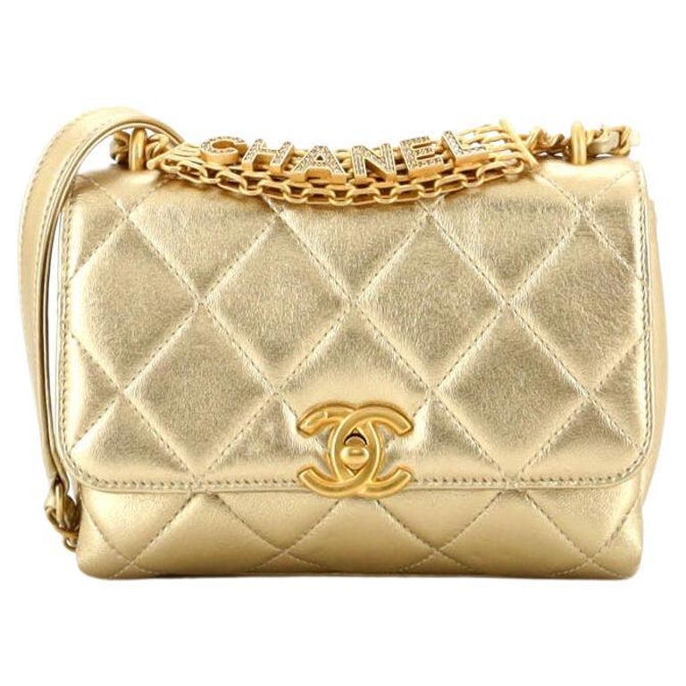 Chanel Crystal Logo Letters Chain Handle Flap Bag Quilted Lambskin