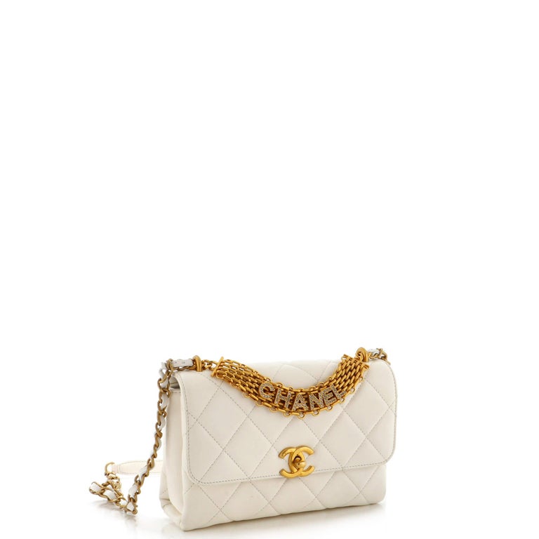 Crystal Logo Letters Chain Handle Flap Bag Quilted Lambskin Small