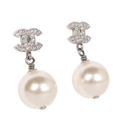 Chanel Crystal Pearl CC Drop Earrings, Silver, Made in France, New