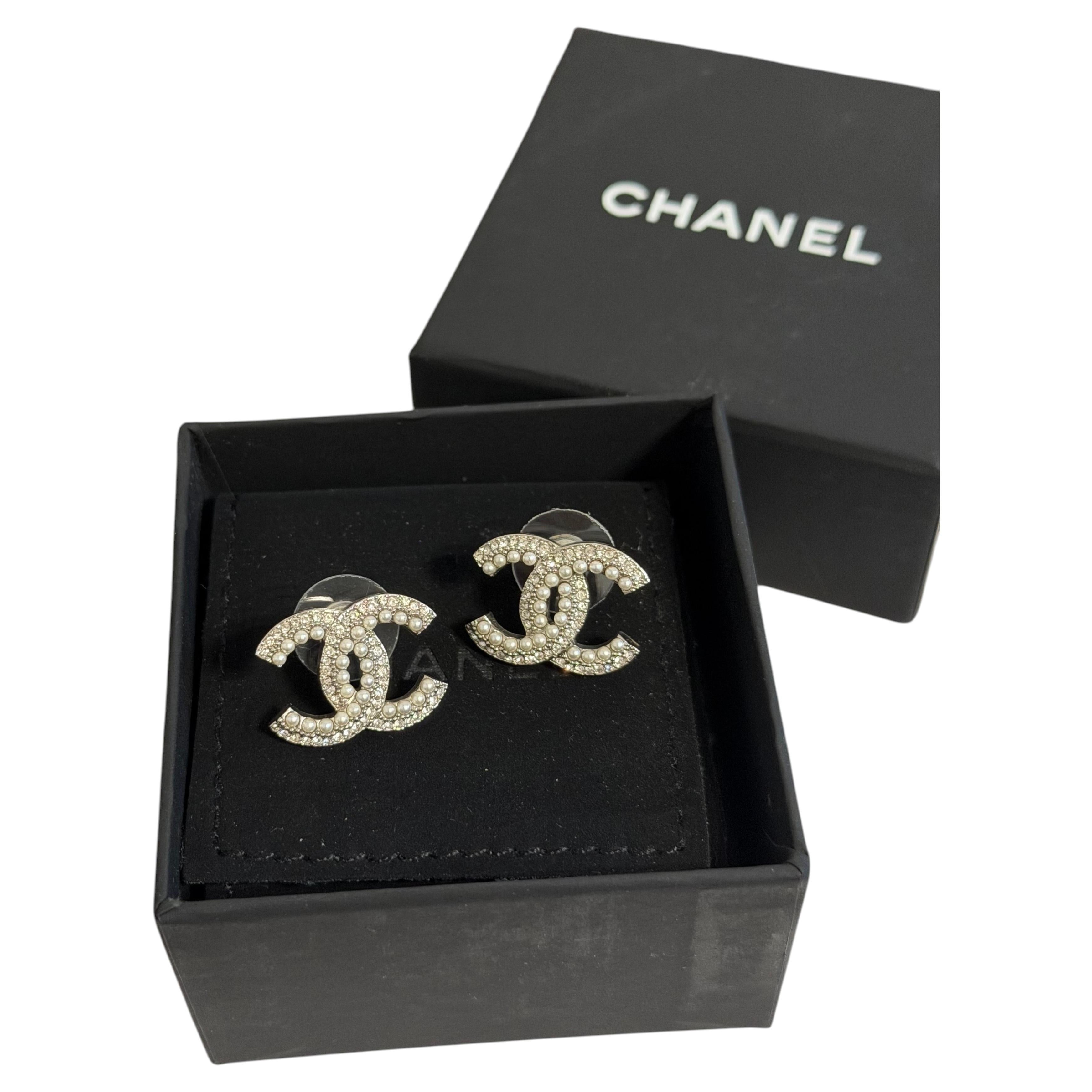Chanel Crystal Pearl CC Logo Stud Silver Earrings