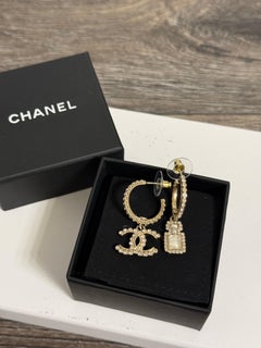 Chanel Crystal Pearl CC Perfume Bottle Drop Gold Hoop Earrings
