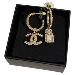 Chanel Crystal Pearl CC Perfume Bottle Drop Gold Hoop Earrings