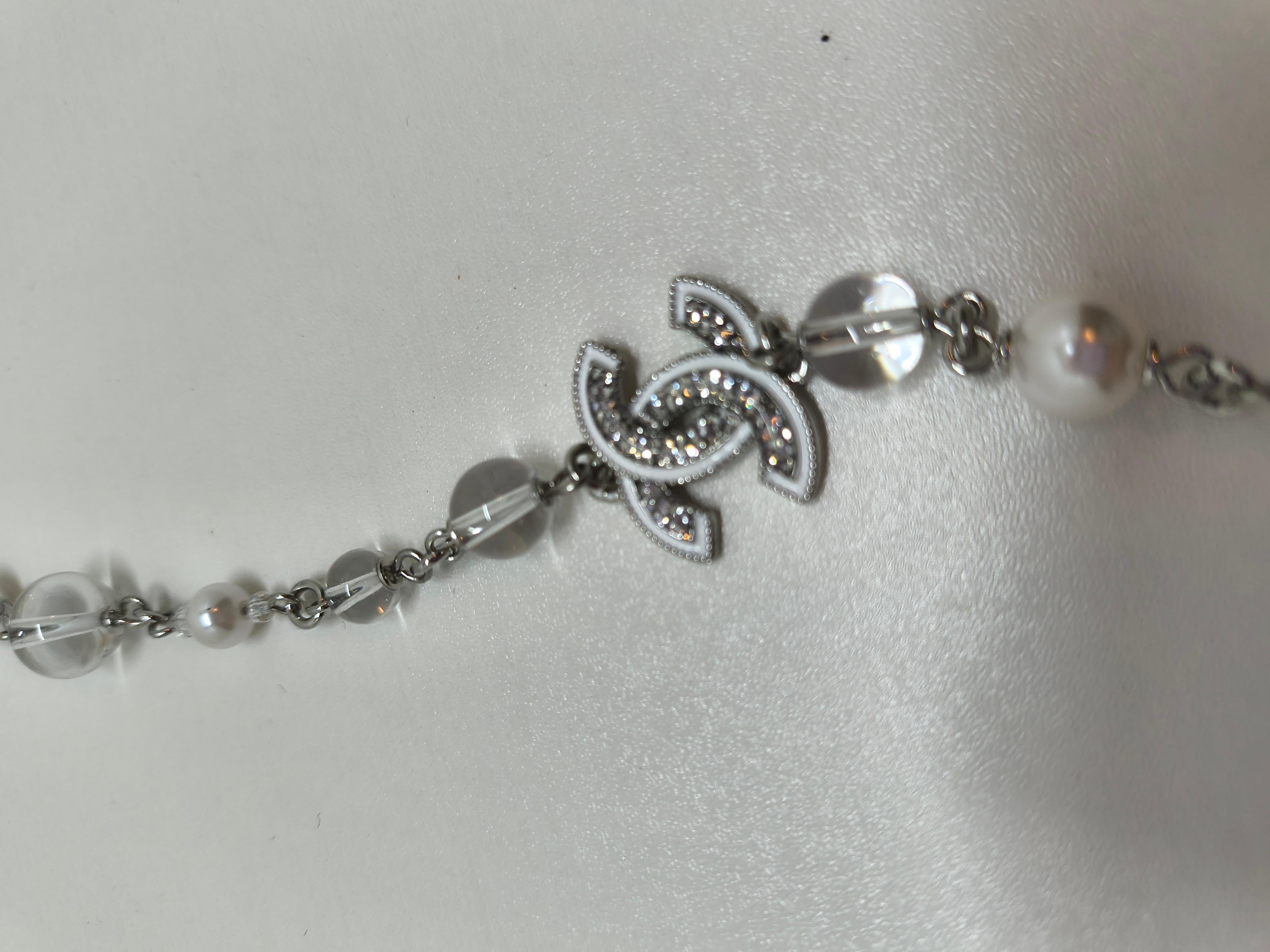 Contemporary Chanel Crystal Pearl Rhinestone CC Logo Long Necklace For Sale