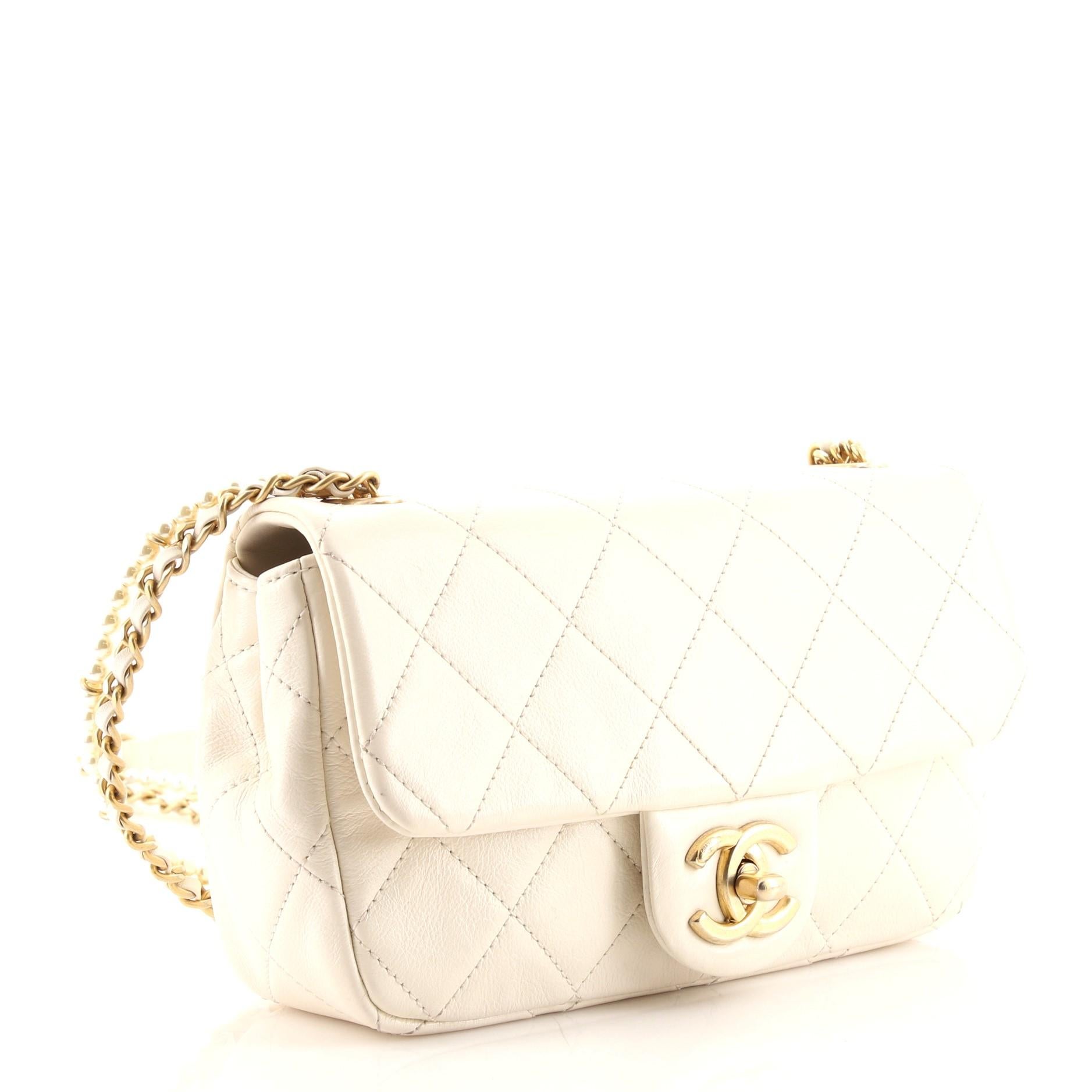 White Chanel Crystal Pearls Chain Flap Bag Quilted Calfskin Small