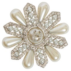 Chanel Crystal/Pearls Flower CC Brooch