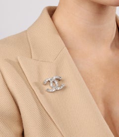 Chanel Crystal Shiny Silver Tone CC Logo Brooch