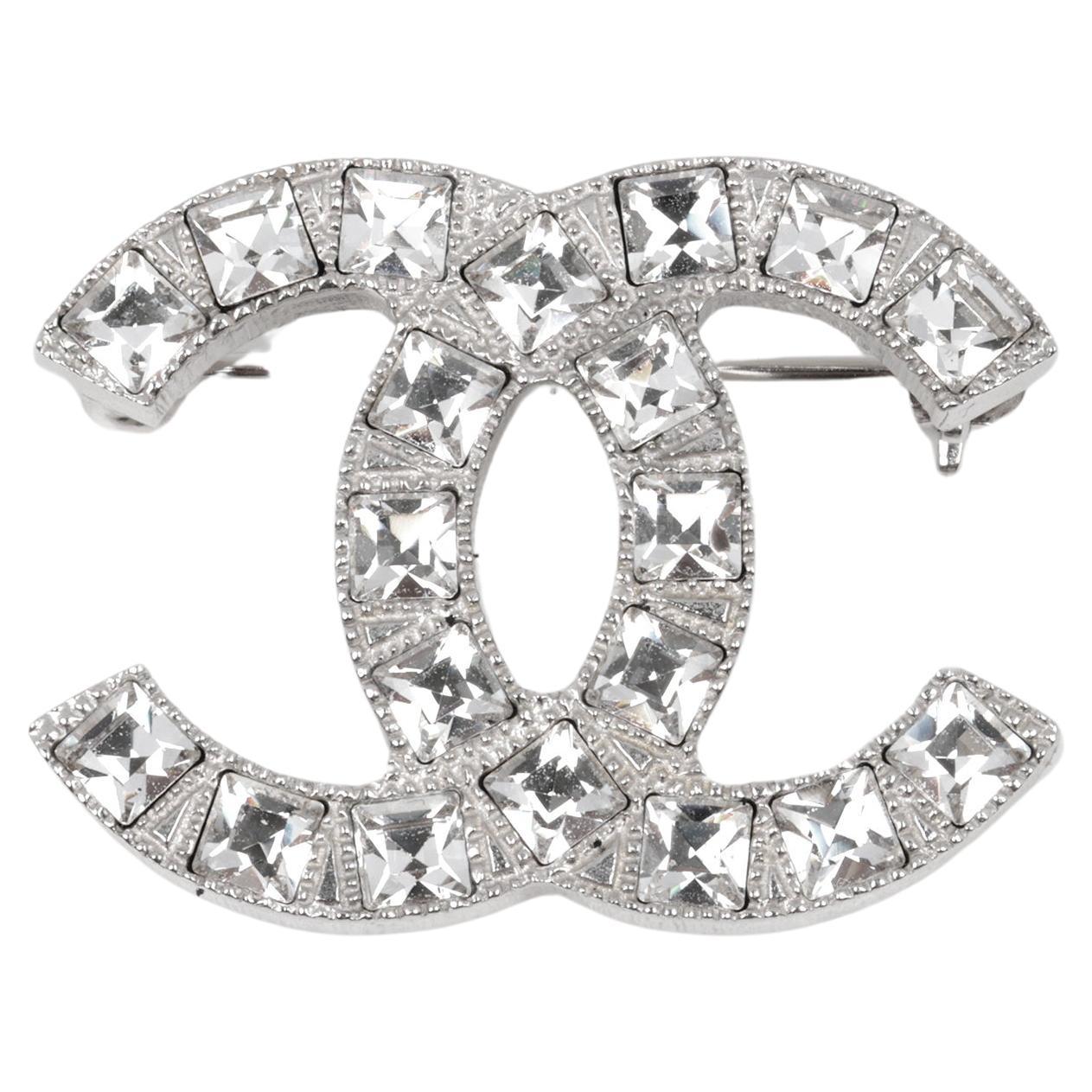 Chanel Crystal Shiny Silver Tone CC Logo Brooch