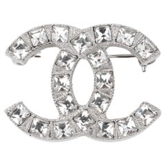 Chanel Crystal Shiny Silver Tone CC Logo Brooch