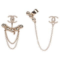 Chanel Crystal Shiny Silver Tone CC Stud & Cuff Earrings