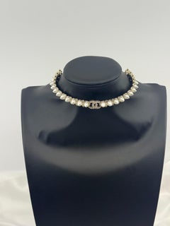 Chanel Crystal Studded Pearly White CC Choker Necklace