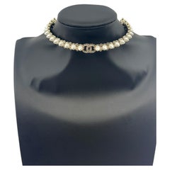 Chanel Crystal Studded Pearly White CC Choker Necklace