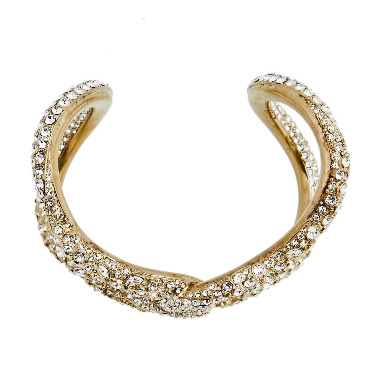 Contemporary Chanel Crystals Gold Tone Metal Cuff Bracelet