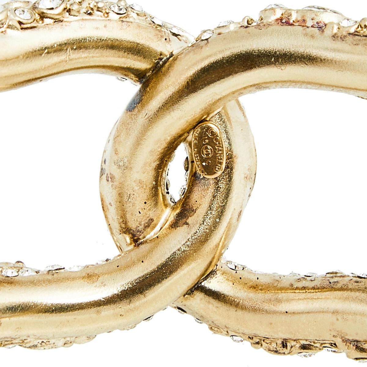 Chanel Crystals Gold Tone Metal Cuff Bracelet 2