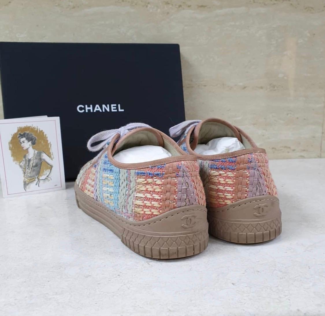 Gray CHANEL Cuba Logo CC Tweed Lace Up Sneakers