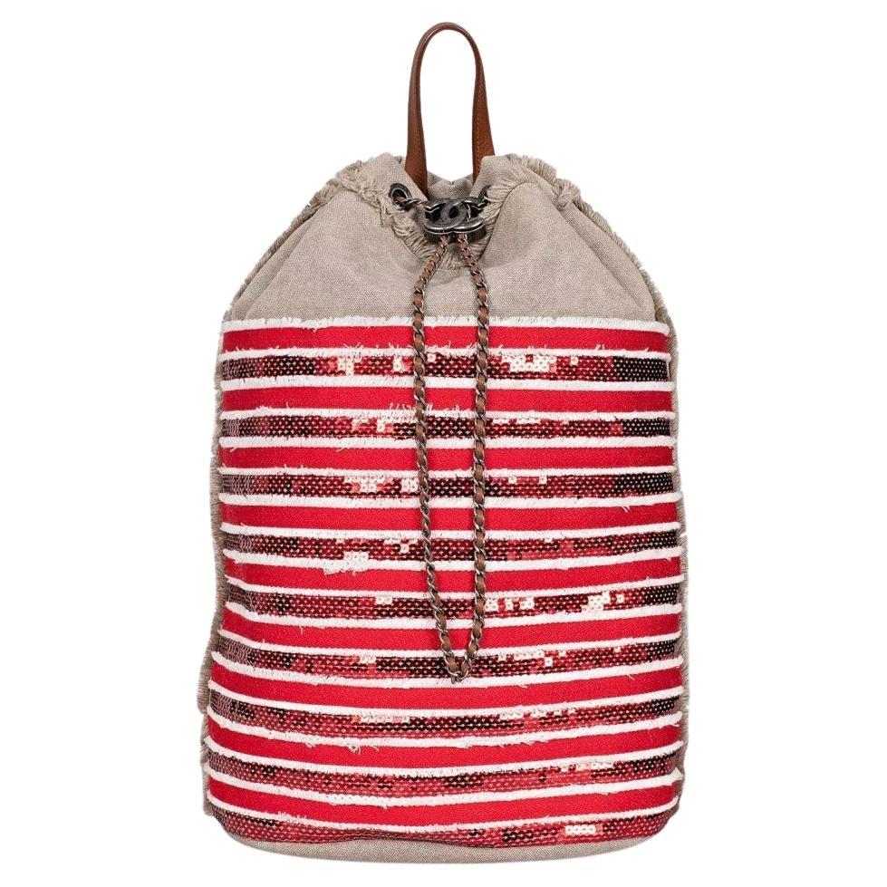 Chanel Cubano Trip Beige Striped Textile Backpack im Angebot
