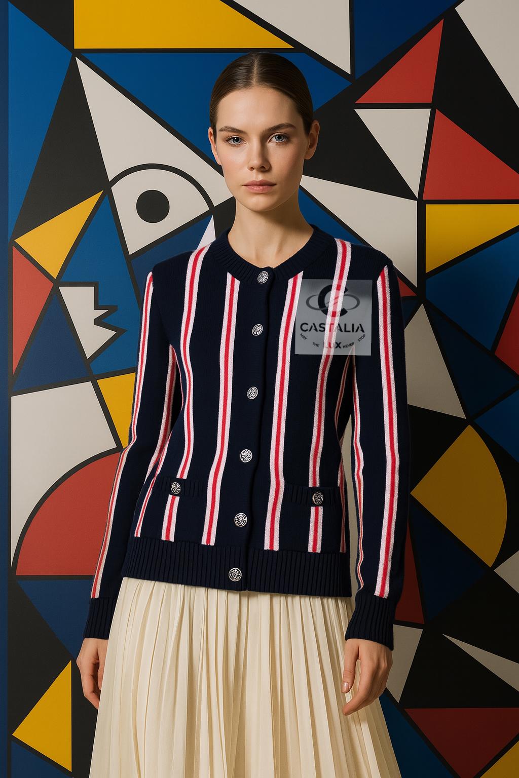 CHANEL Chaqueta de punto inspirada en el cubismo con botones del logotipo 36 FR Negro en venta