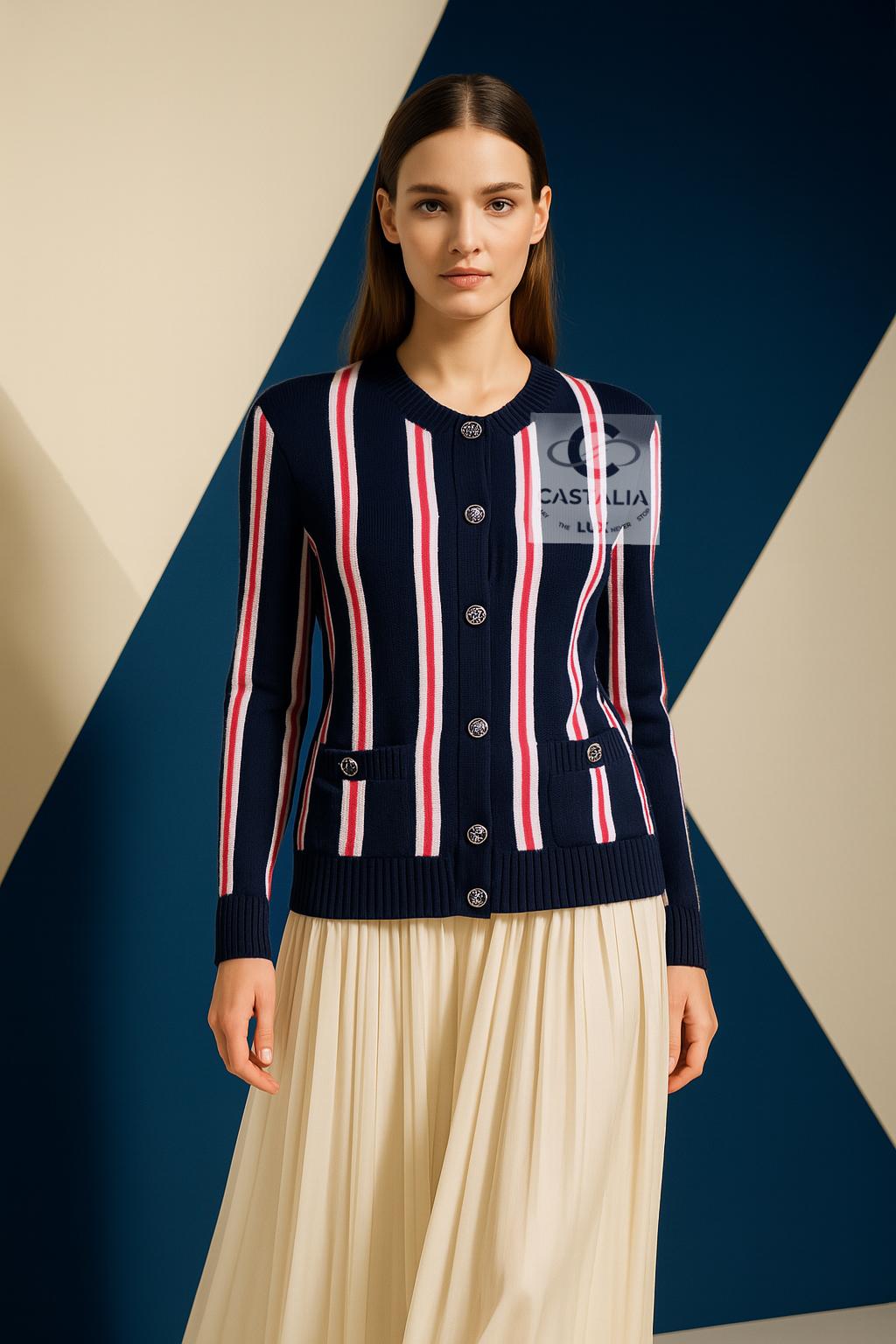 CHANEL Chaqueta de punto inspirada en el cubismo con botones del logotipo 36 FR en venta 1