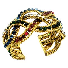 Vintage CHANEL CUFF BRACELET by R. Gossens 3 intertwined bands with Gripoix stones