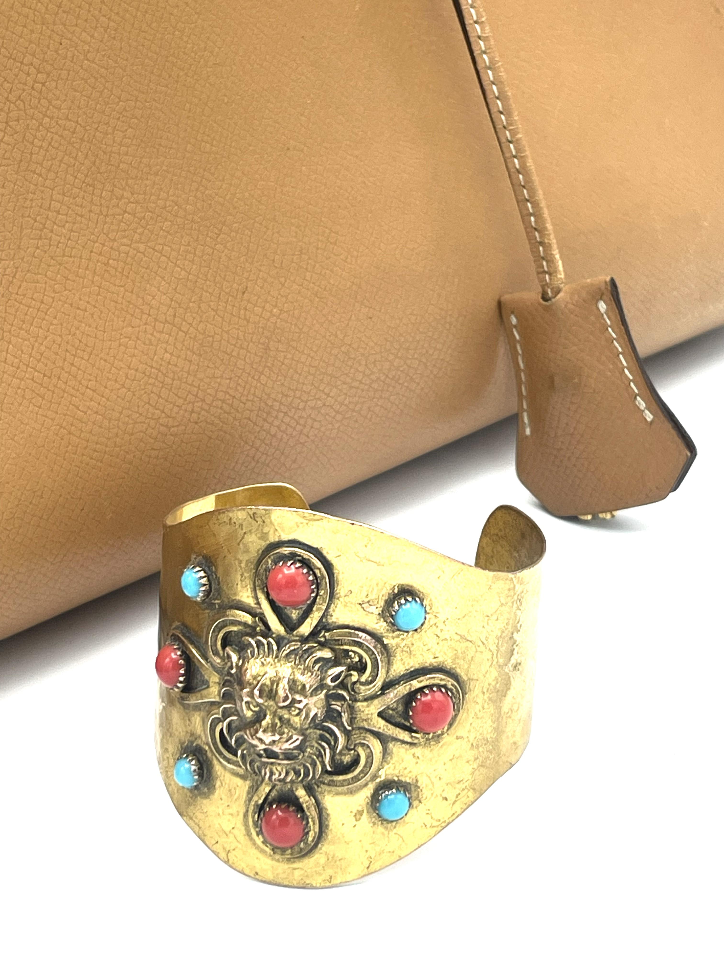 CHANEL cuff/bracelet hammered gold plated metal iconic lions , early 1965's For Sale 5