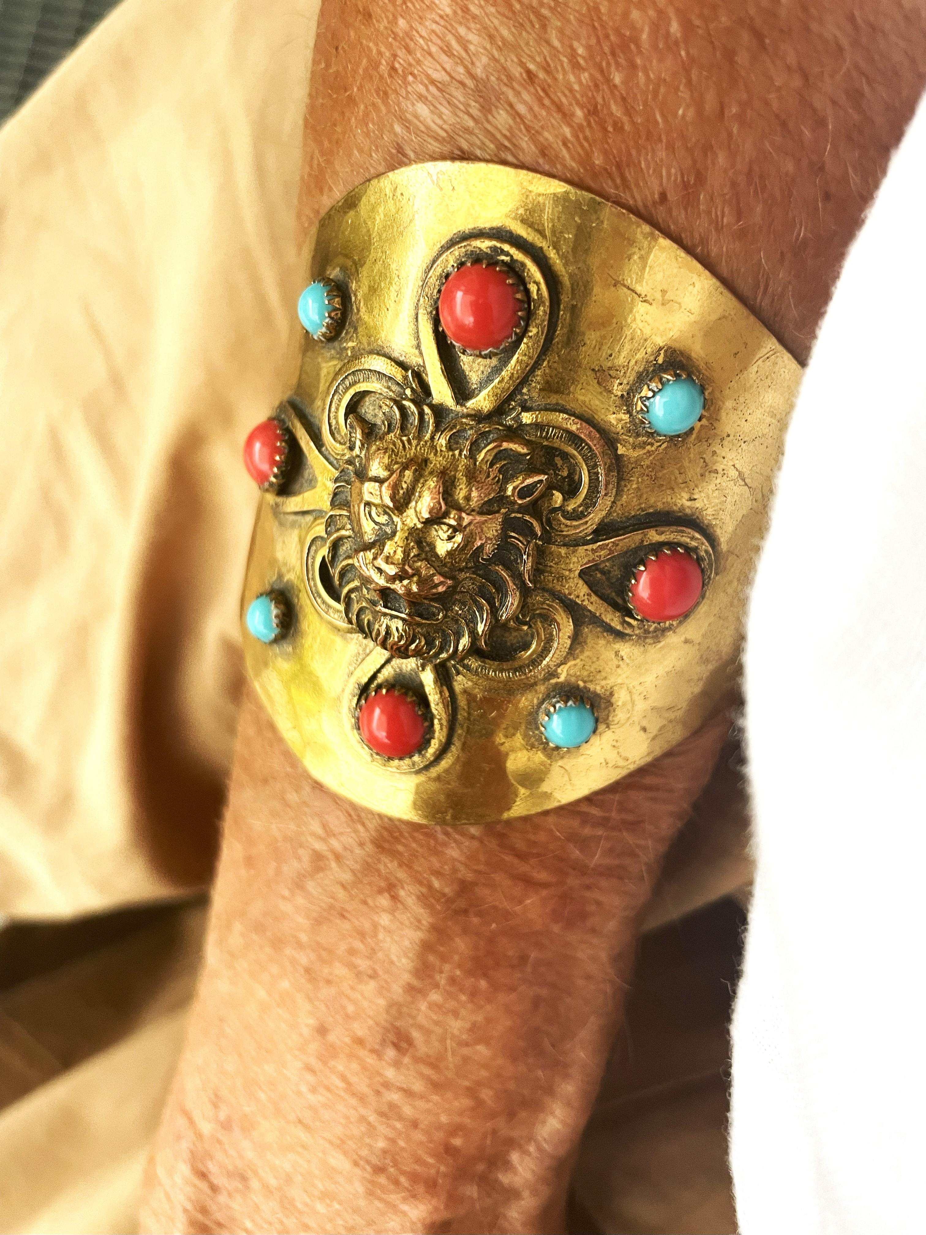 CHANEL cuff/bracelet hammered gold plated metal iconic lions , early 1965's For Sale 6