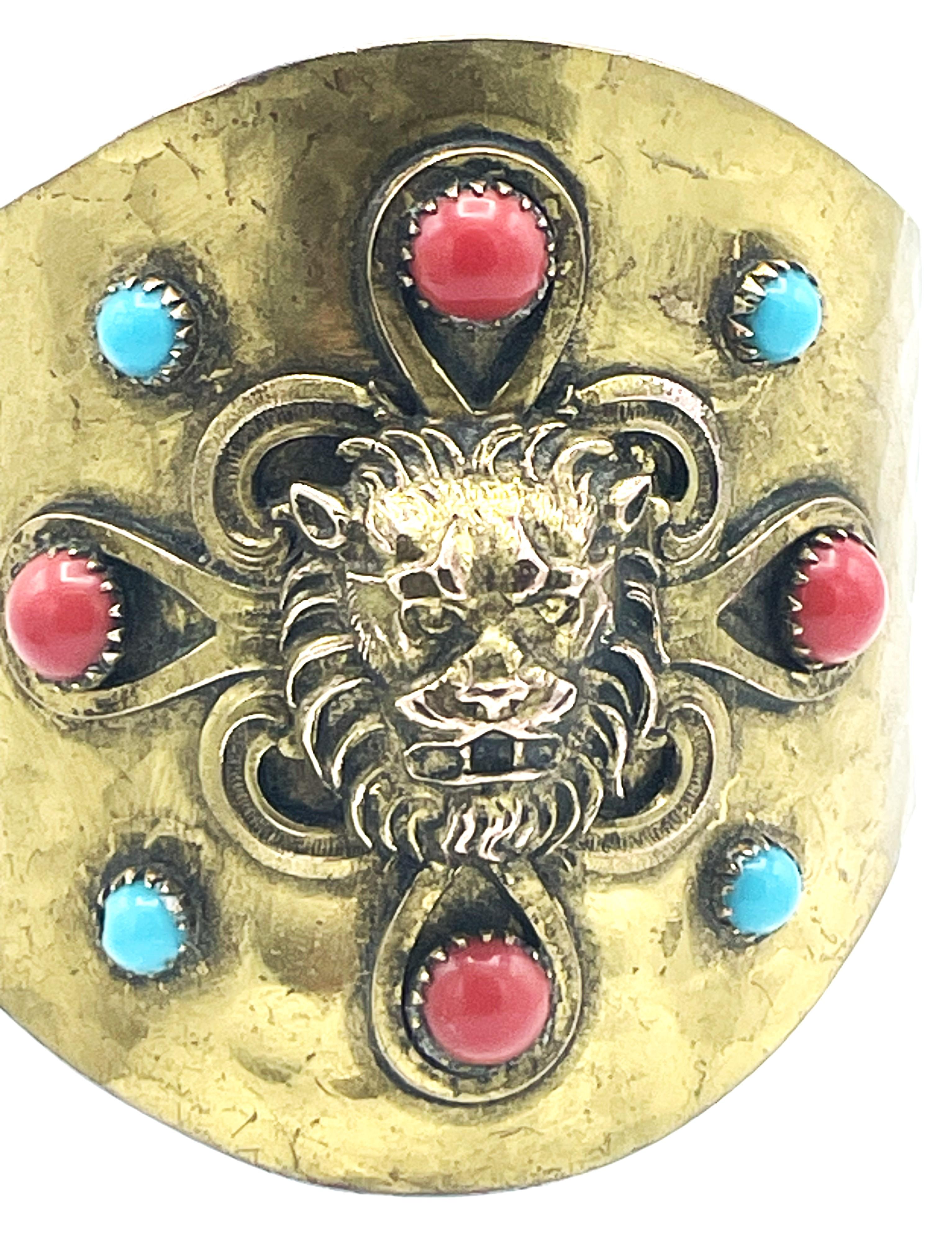 Round Cut CHANEL cuff/bracelet hammered gold plated metal iconic lions , early 1965's For Sale